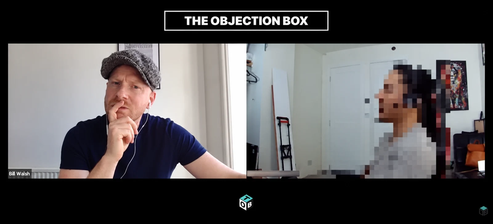 The Objection Box split-screen still, with the coach on the left and a pixelated participant on the right.