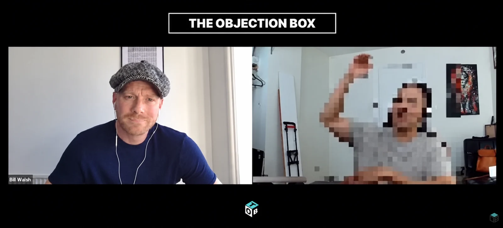 The Objection Box split-screen still, with the pixelated participant raising one hand on the right.